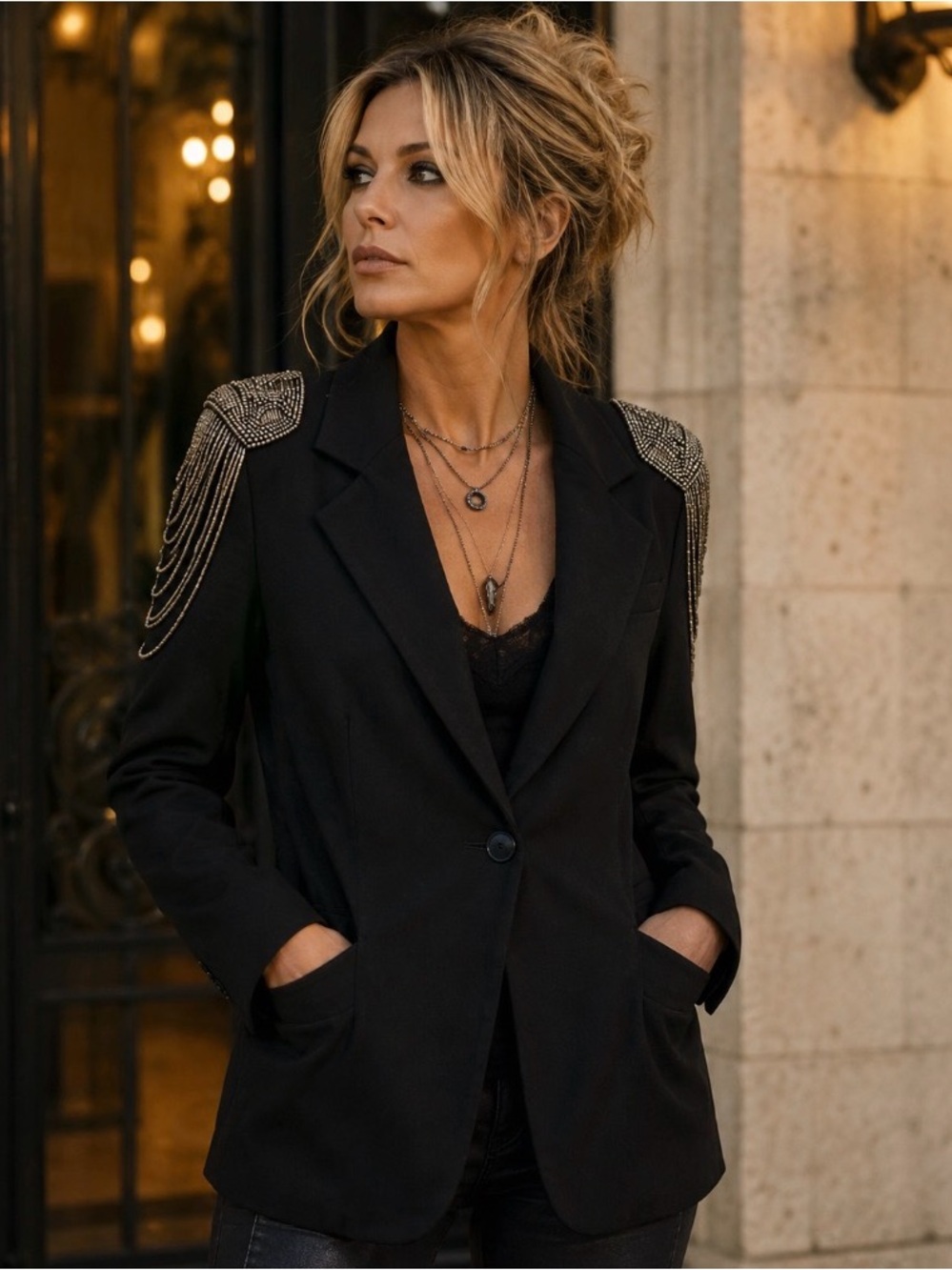 Boston Proper Women's Black Blazer with Chain Epaulette Detail